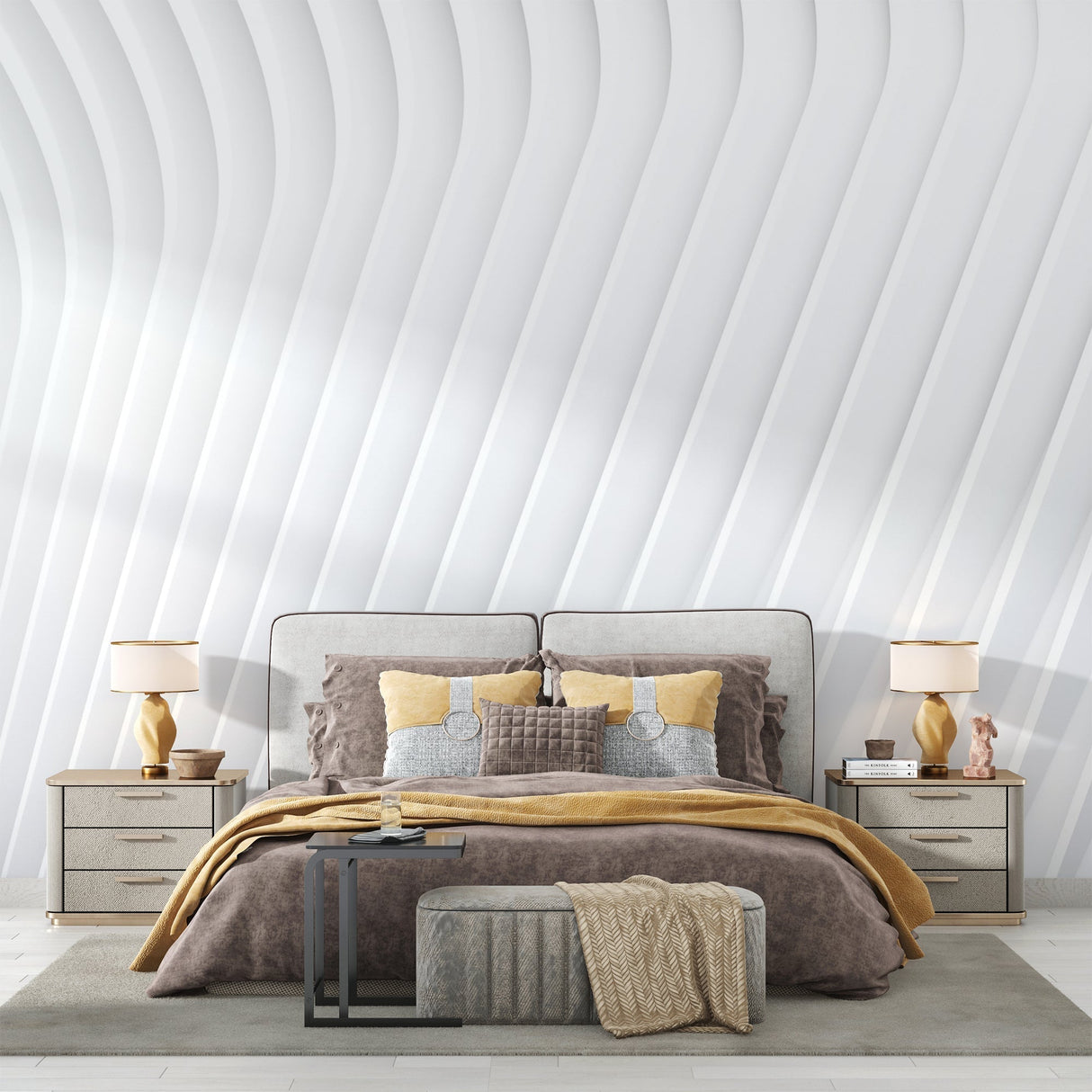 3D wave pattern wallpaper making a bedroom look bigger with soft natural lighting
