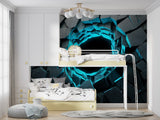 Gaming room transformed with 3D Neon Portal wallpaper, creating an immersive gaming setup with glowing blue accents