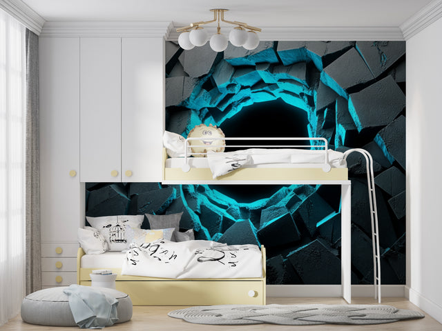 Gaming room transformed with 3D Neon Portal wallpaper, creating an immersive gaming setup with glowing blue accents