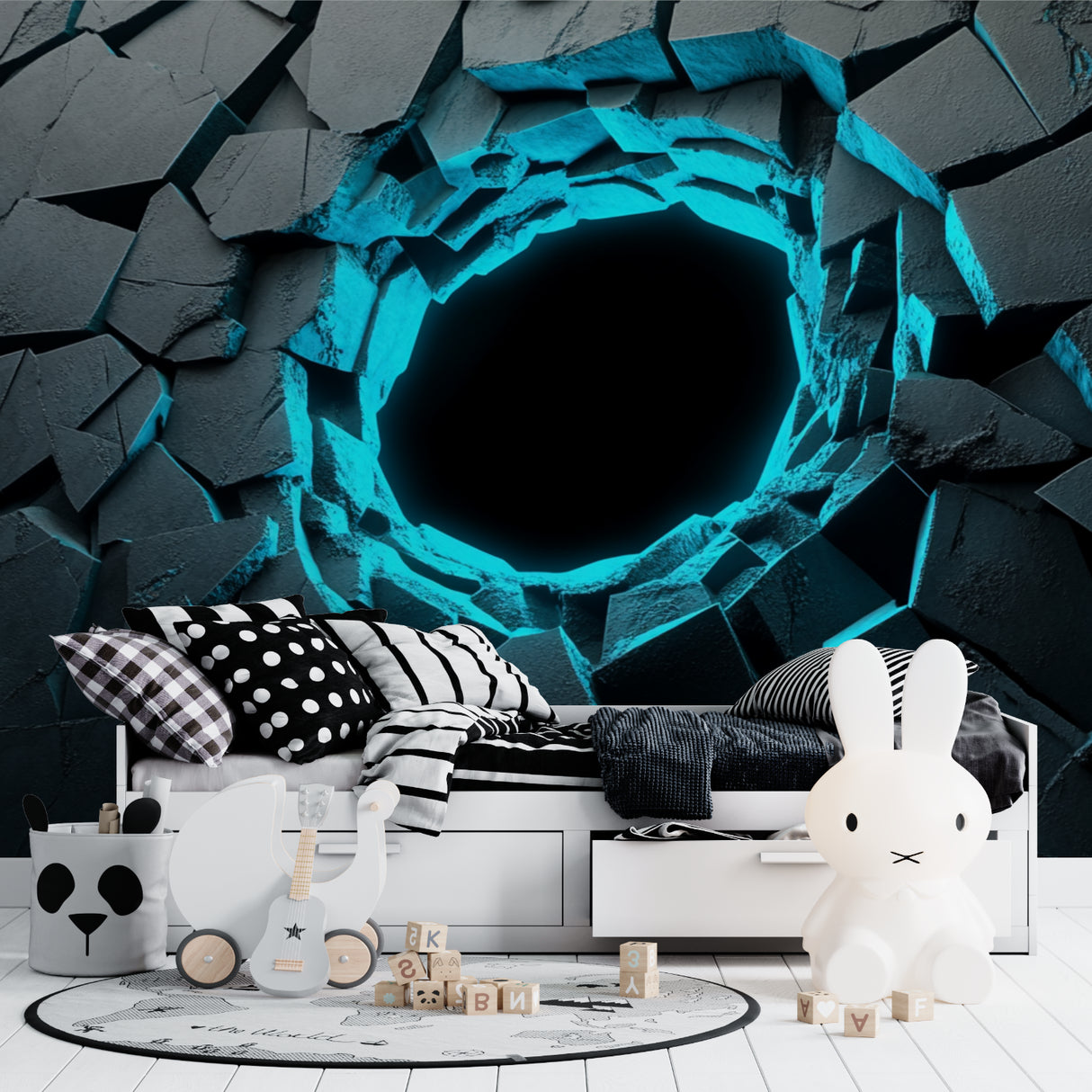 Teen bedroom featuring the Gaming Portal wallpaper mural with LED strip lighting complementing the design