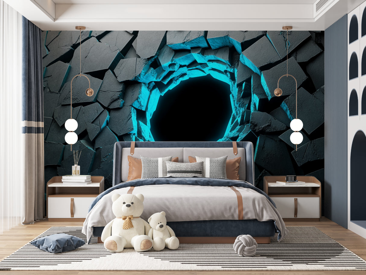 Entertainment room with Gaming Portal mural wallpaper glowing under ambient lighting