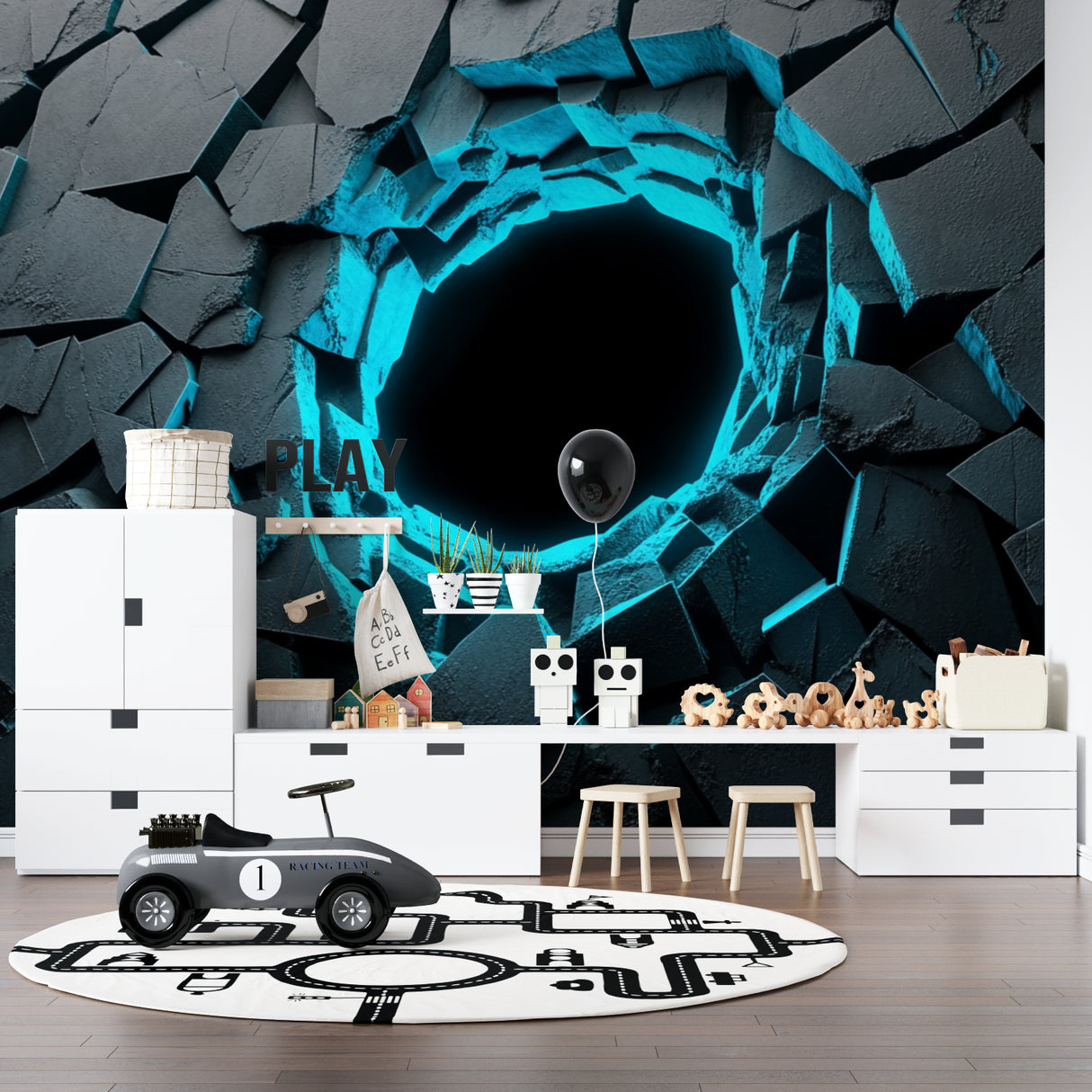 Gaming setup with Neon Portal wallpaper creating depth behind monitors and gaming gear