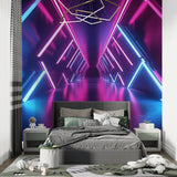 3D optical illusion wallpaper creating depth in modern gaming room with purple and blue neon glow