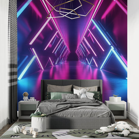3D optical illusion wallpaper creating depth in modern gaming room with purple and blue neon glow