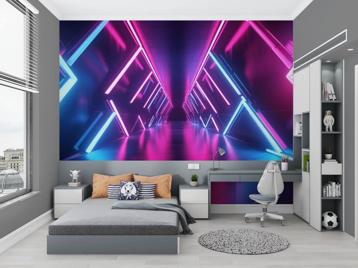 3D portal effect wallpaper transforming office space with vibrant neon patterns