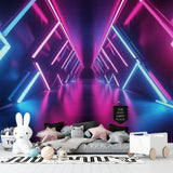 Neon geometric wallpaper creating depth in modern entertainment room setting
