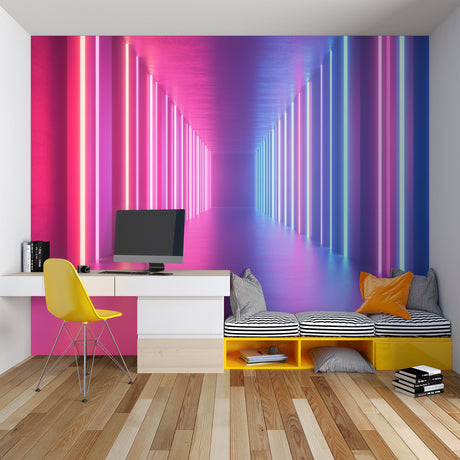 3D neon corridor wallpaper in modern gaming room creating depth effect with purple and blue lights