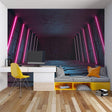 3D neon tunnel wallpaper in modern gaming room with LED lighting setup