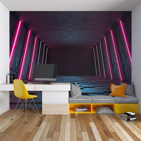 3D neon tunnel wallpaper in modern gaming room with LED lighting setup