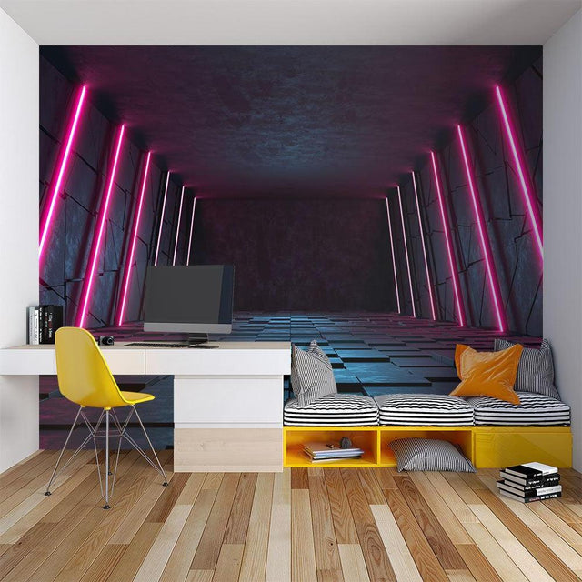 3D neon tunnel wallpaper in modern gaming room with LED lighting setup