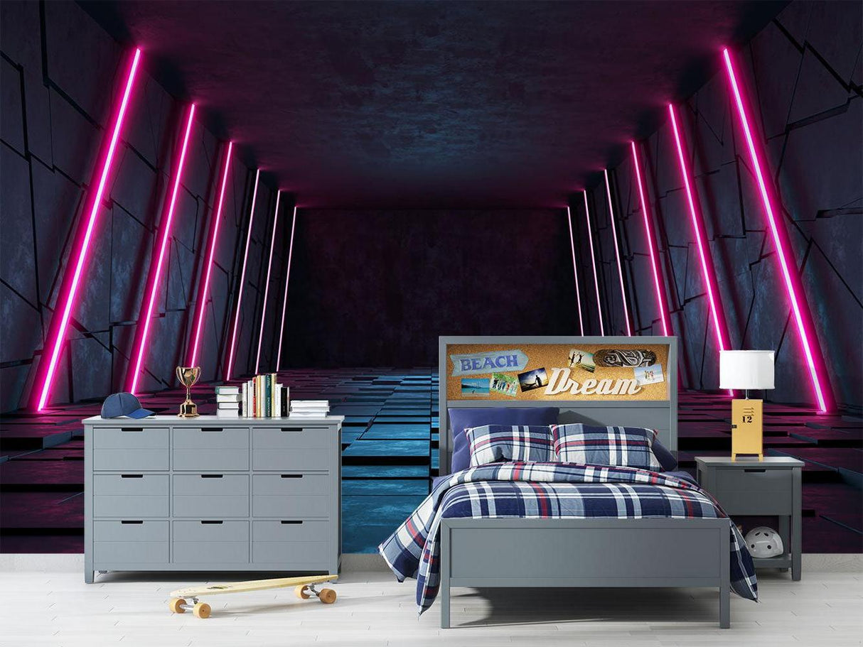 Pink neon tunnel wallpaper creating depth in contemporary office space