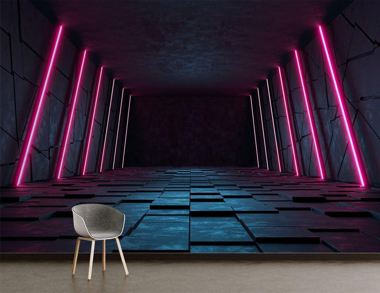 Neon pink tunnel wallpaper in minimalist living room setup