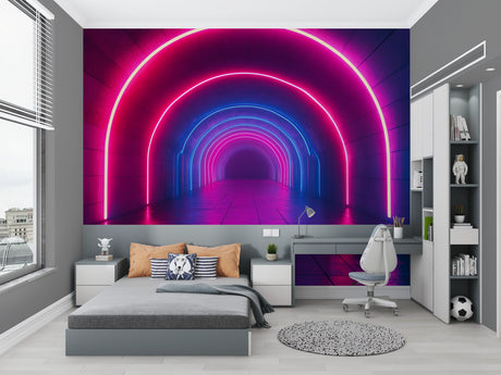 3D neon tunnel wallpaper creating depth in modern gaming room with purple and blue lights