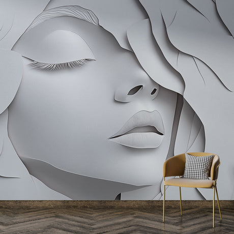 3D paper art portrait wallpaper creating dramatic shadows in a modern living room with minimal furniture