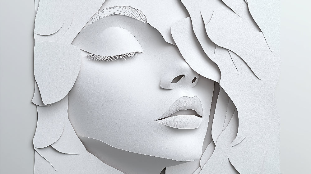 White 3D portrait paper art wallpaper design file showing intricate relief details and textures