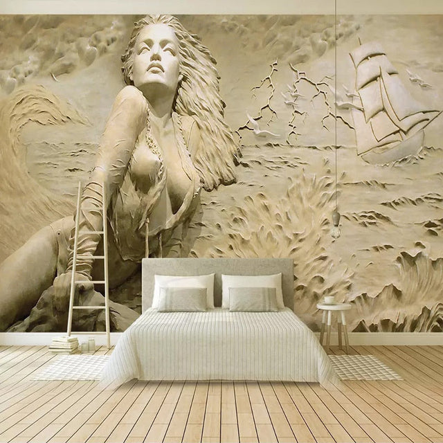 3D Ocean Art Mural creating depth in modern living room with natural lighting