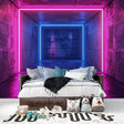 3D neon tunnel wallpaper creating depth in a modern gaming room with LED gaming setup