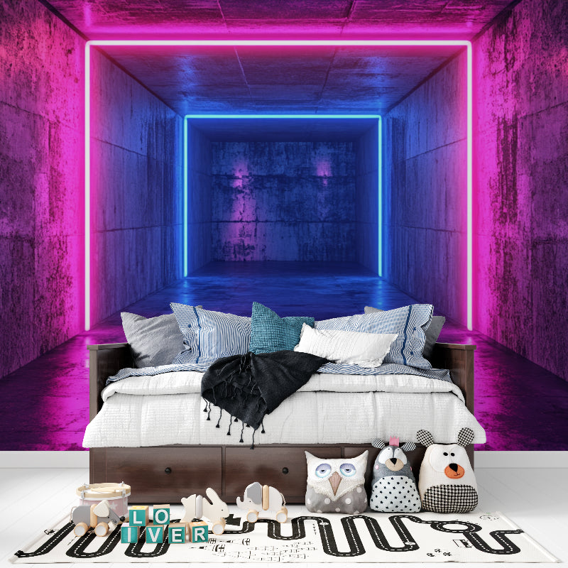 3D neon tunnel wallpaper creating depth in a modern gaming room with LED gaming setup