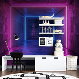 Teen bedroom featuring 3D neon tunnel mural with pink and blue lighting effects