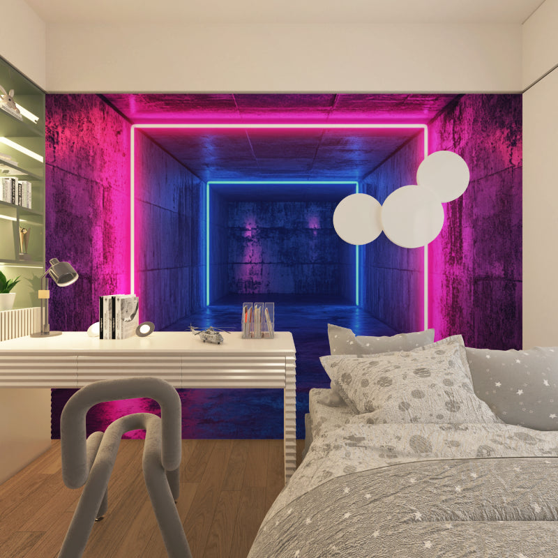 Industrial office space with 3D LED tunnel wallpaper creating modern atmosphere