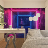 Industrial office space with 3D LED tunnel wallpaper creating modern atmosphere