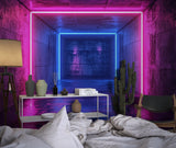 Home studio with neon tunnel mural wallpaper showing perfect lighting effect