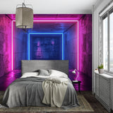 Modern living room transformed with 3D neon tunnel wall design