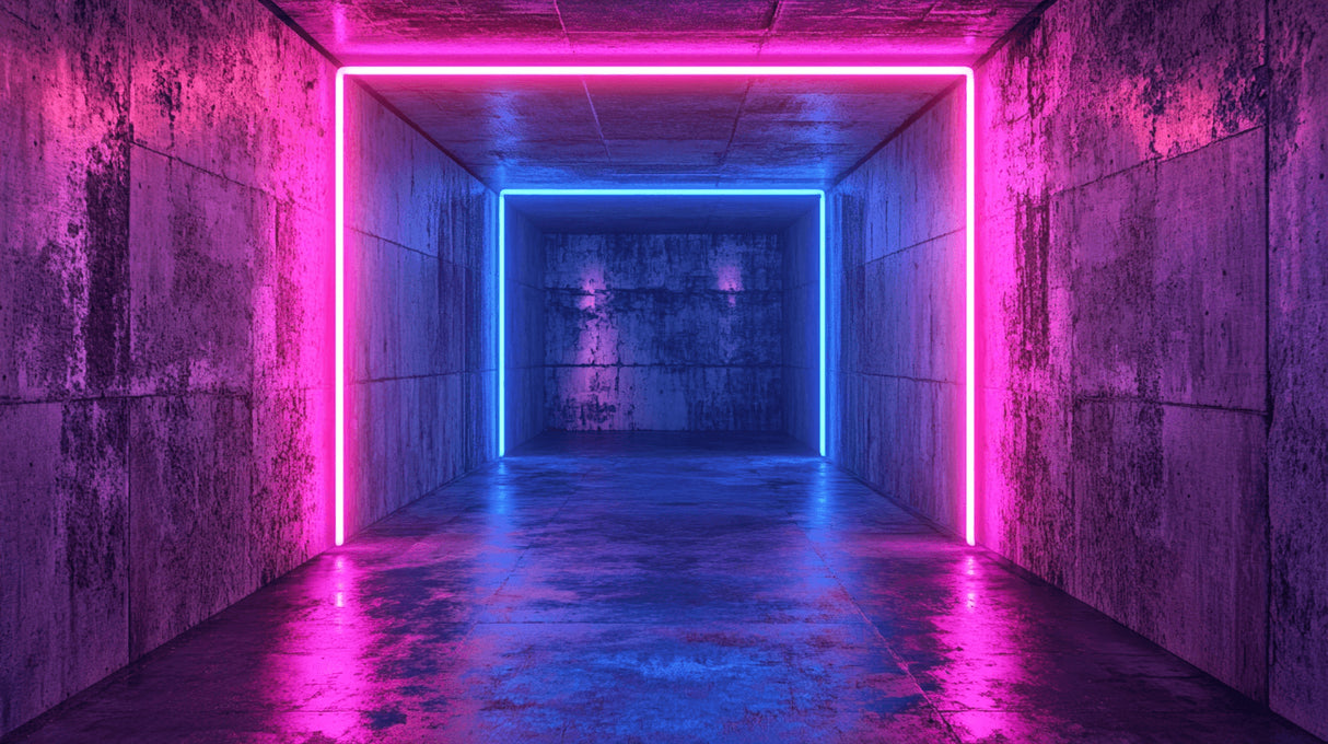 Design file of 3D neon tunnel wallpaper showing detailed concrete texture and pink-blue lighting