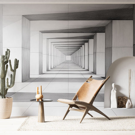 Modern living room with striking 3D optical tunnel wallpaper creating dramatic depth effect behind minimal furniture setting
