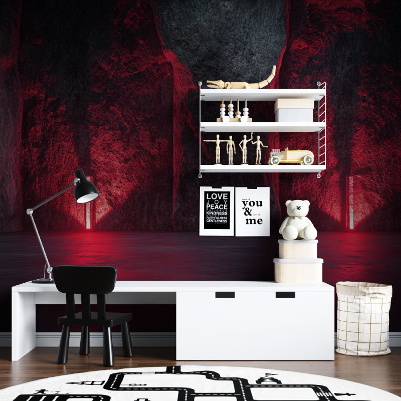 Stone effect wall mural in home office showing textured cave pattern with dramatic lighting