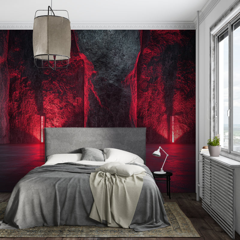 Abstract stone wallpaper installation in dining room highlighting deep red and black tones