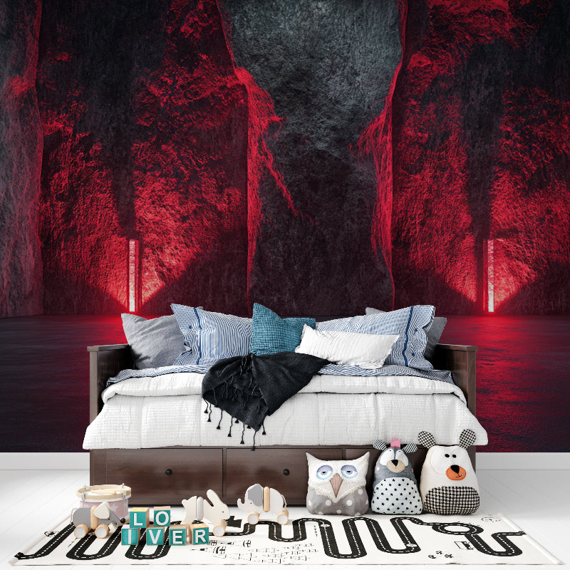 Close-up of 3D stone texture pattern in bedroom showing realistic cave effect