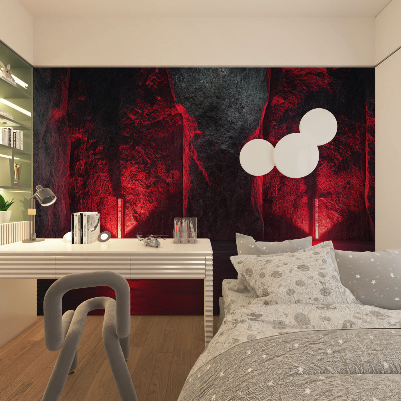 Entrance hall featuring red and black stone effect mural creating dramatic welcome