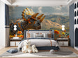 3D Dinosaur Wallpaper transforming a modern kids bedroom with orange mountain landscape and triceratops