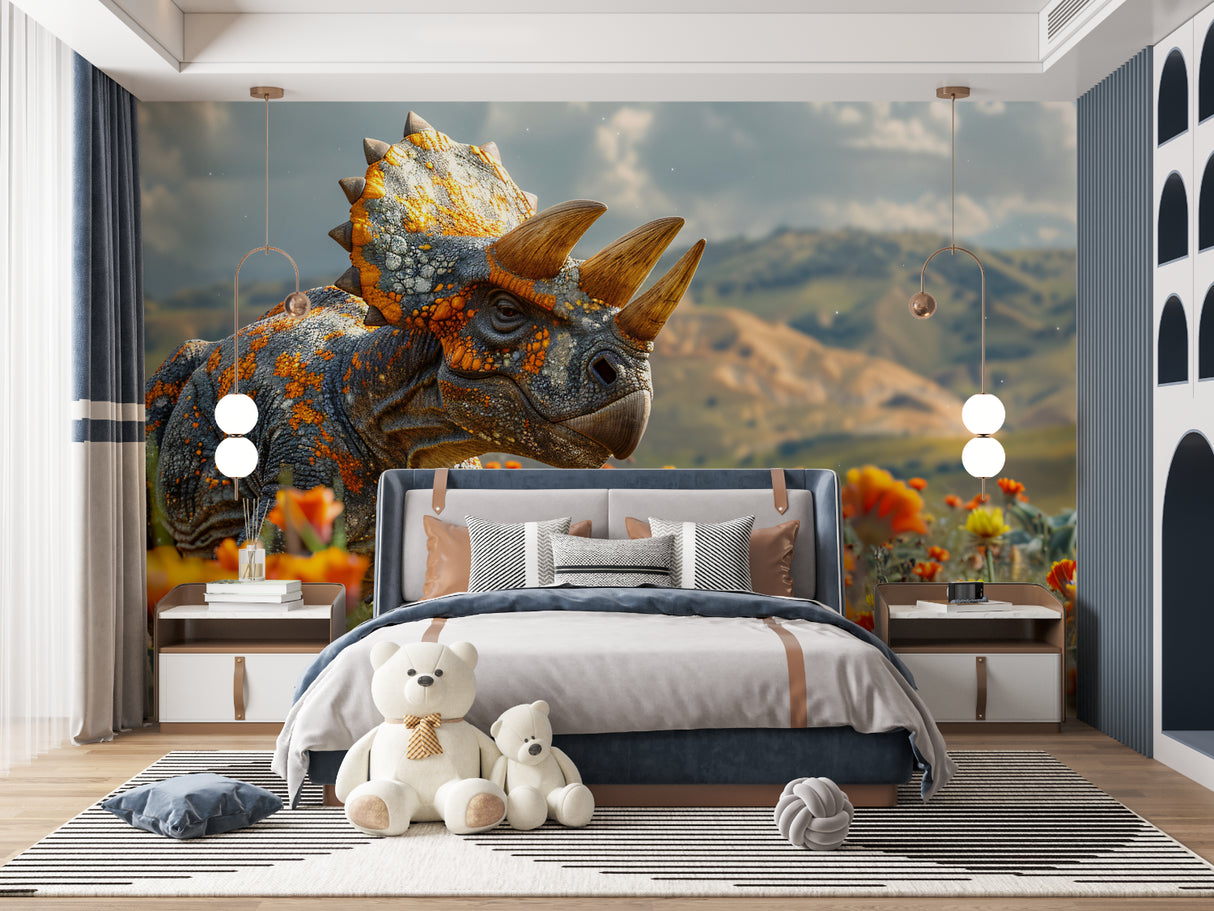3D Dinosaur Wallpaper transforming a modern kids bedroom with orange mountain landscape and triceratops