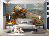 3D Dinosaur Wallpaper transforming a modern kids bedroom with orange mountain landscape and triceratops