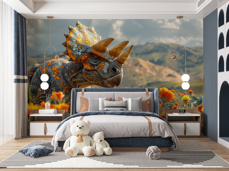 3D Dinosaur Wallpaper transforming a modern kids bedroom with orange mountain landscape and triceratops