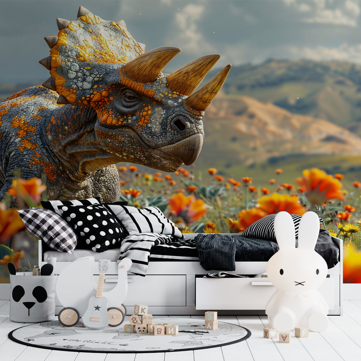 3D Triceratops Mural bringing prehistoric charm to a playroom with orange mountain backdrop
