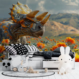 3D Triceratops Mural bringing prehistoric charm to a playroom with orange mountain backdrop