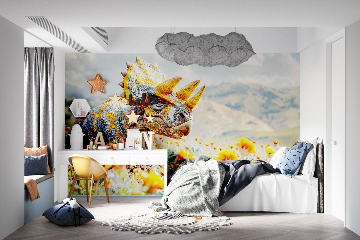 Dinosaur Wall Mural showcasing scale in a family room with detailed triceratops