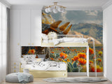 3D Triceratops Wallpaper creating impact in a study room with orange mountain scenery