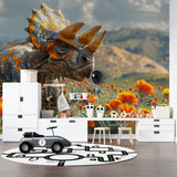Dinosaur Mural displayed in a game room showing vibrant orange mountains and triceratops