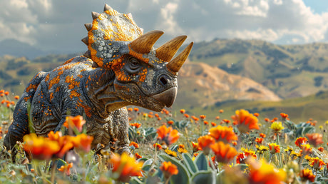 3D Triceratops design file showing detailed prehistoric scene with orange mountain landscape