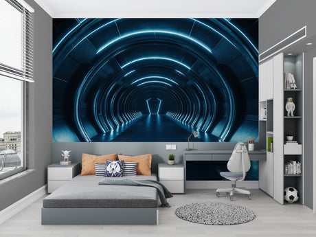 3D tunnel wallpaper creating depth in modern living room with blue lighting effects