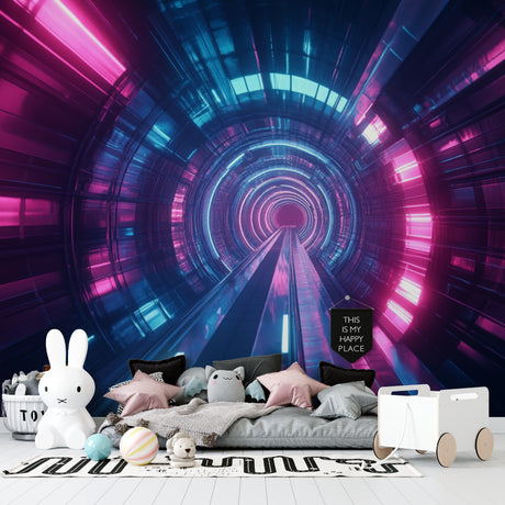 3D tunnel wallpaper creating depth in modern gaming room with LED accent lights
