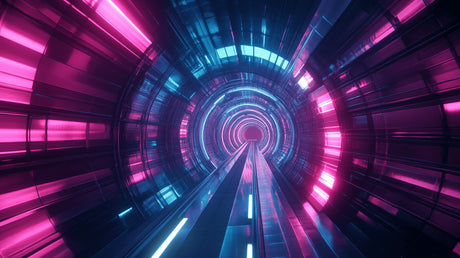 Digital design file of 3D tunnel wallpaper showing intricate neon purple and blue light details