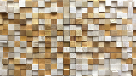 Modern 3D wood block wallpaper creating depth in a minimalist living room with natural lighting