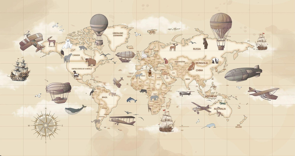 Papier Peint Mural Carte du Monde | Thème Aventure Vintage avec Montgolfières