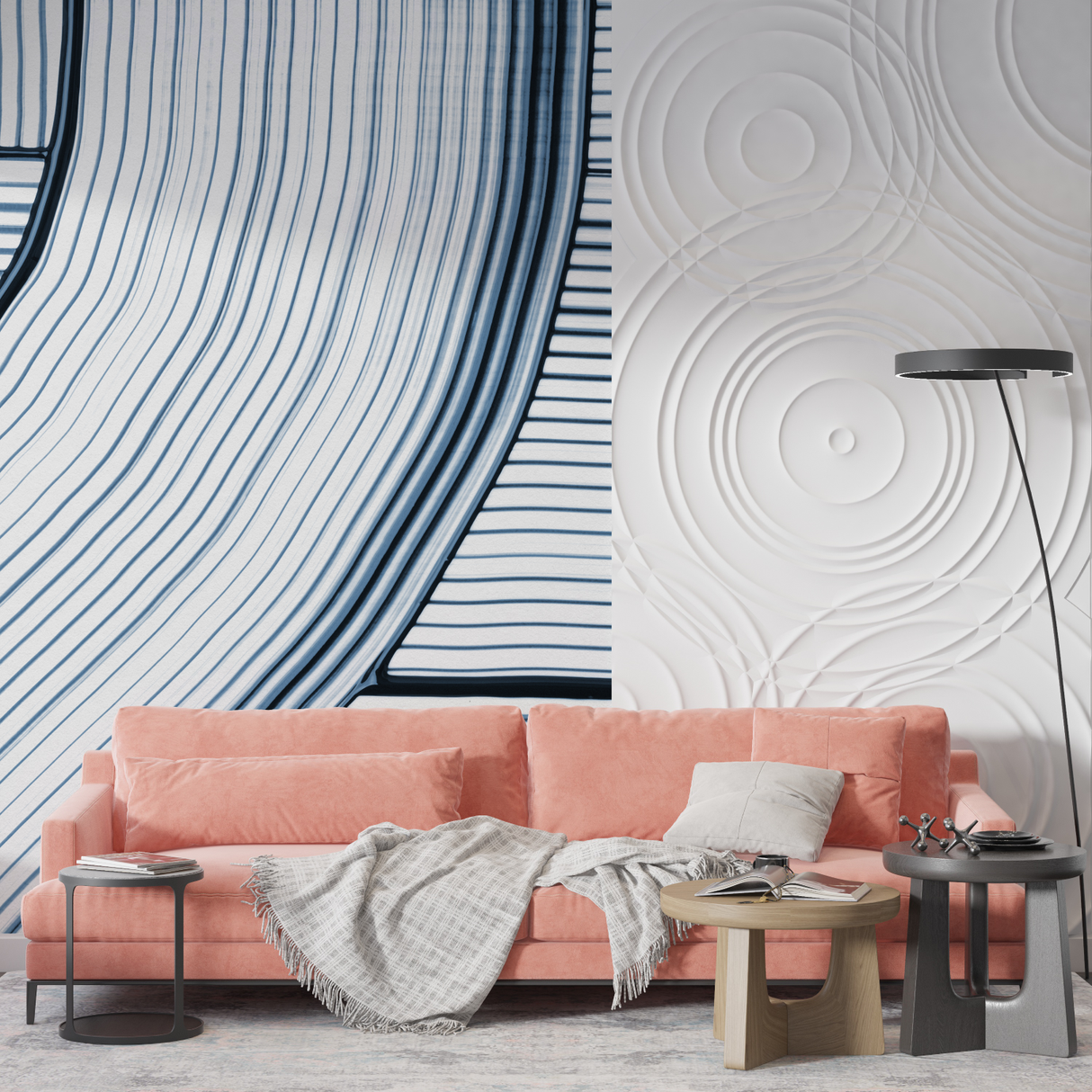 Abstract Mural Wallpaper | Blue Wave Line Pattern