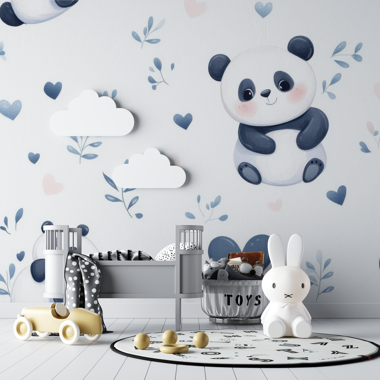 Panda Mural Wallpaper | Cute Nursery Design with Hearts and Clouds